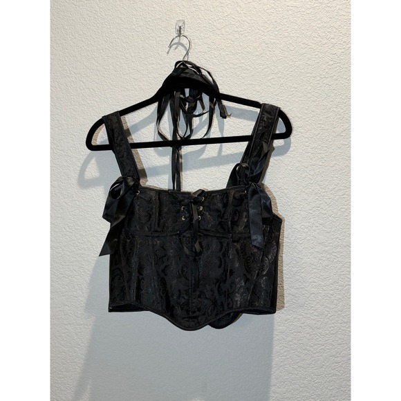 Unbranded Tops - Black Corset Top XXL Satin Lace Up Bustier Ribbon Strap Gothic Coquette Festival